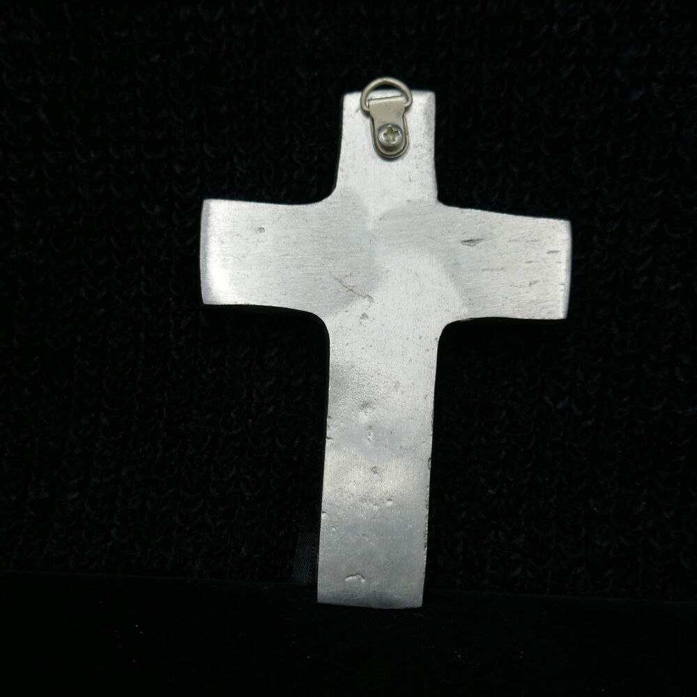 Polished Cast Pewter Wall Cross Embossed Leaves Flames 5 inch - Picture 2 of 6